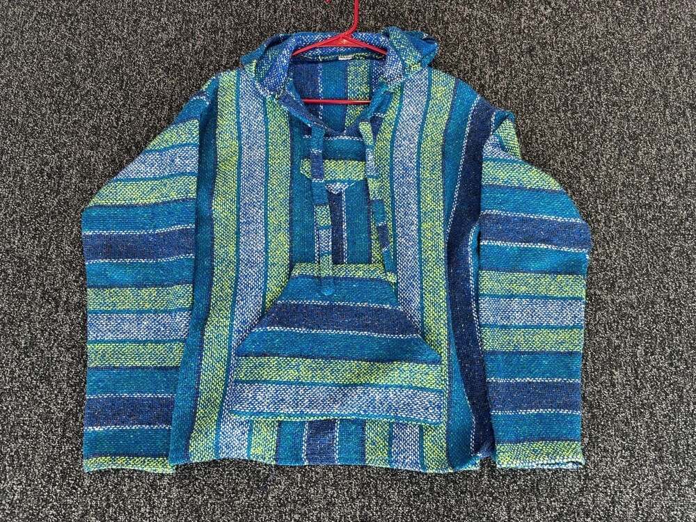Striped Pullover D Rug Mexican Poncho Hoodie Blue and Green Large
